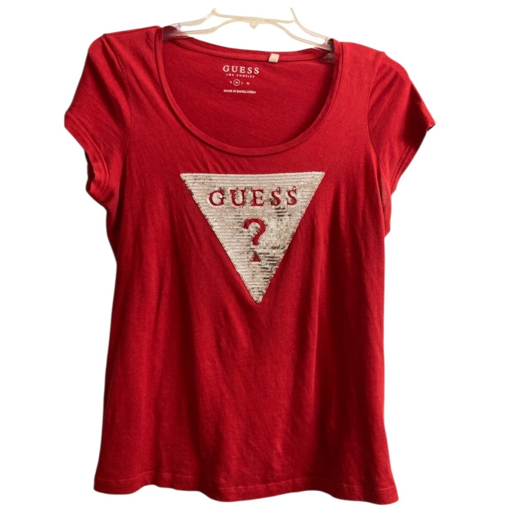 Guess Question Mark Logo Red Sequin Short Sleeve T-Shirt ❤️